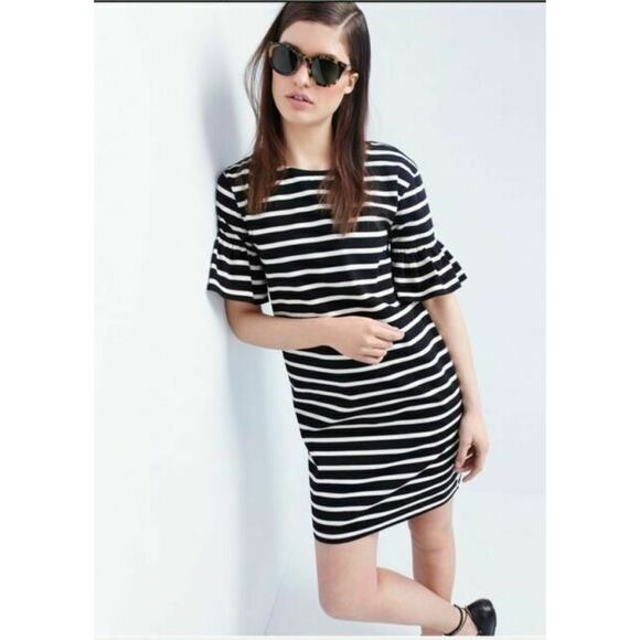 J Crew Ruffled Bell Sleeve Shift Dress Black White Stripe NEW NWT Size XS - Picture 1 of 8